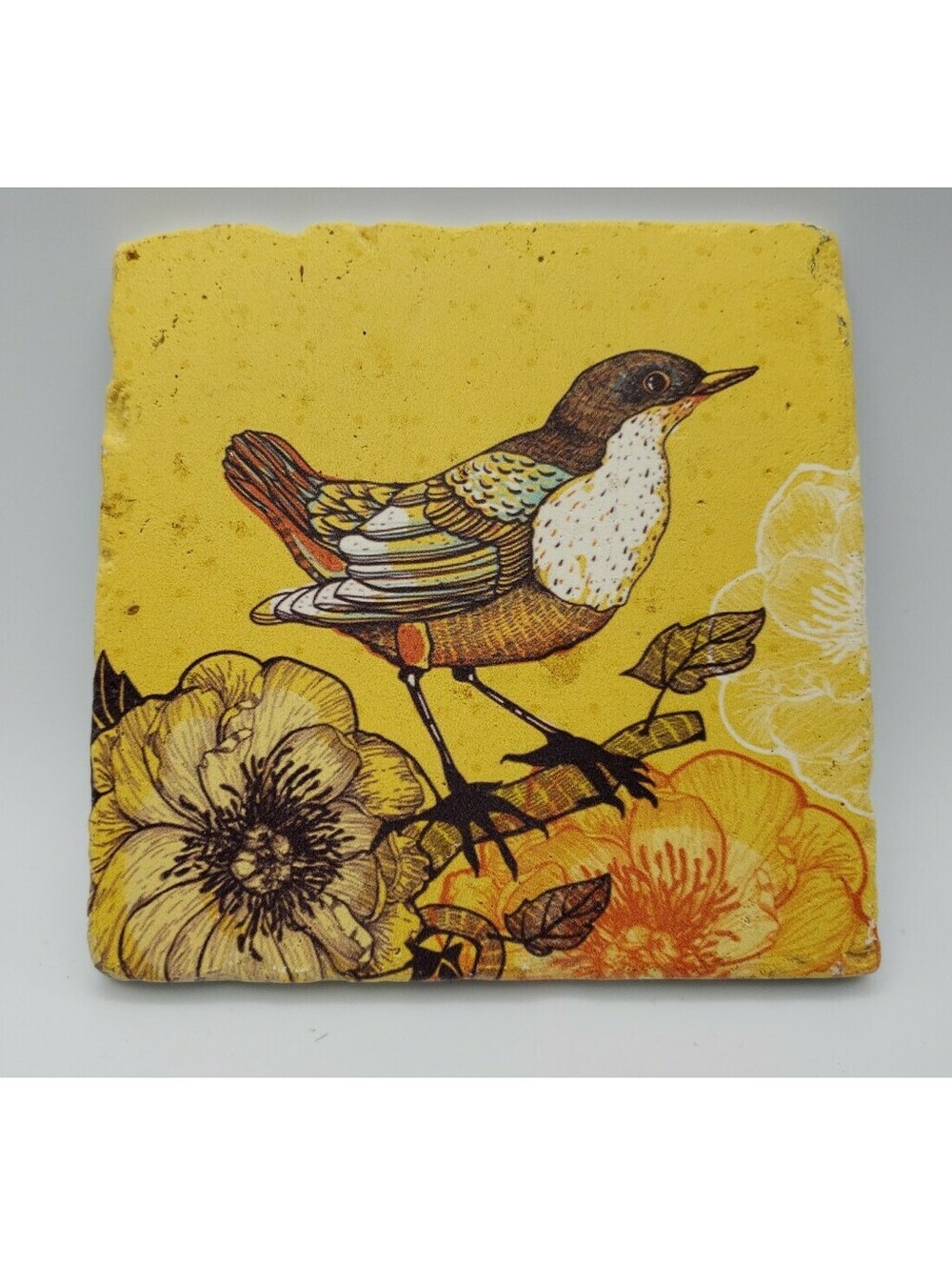 Vintage PPD Tile Trivet Bird Sparrow Flowers Golden Yellow Rustic Ceramic